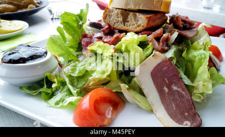 Gourmet Teller mit Ente und pastete Scheibe mit grünem Salat serviert, dazu knuspriges Brot, Tomaten und feigen Soße dip. Stockfoto