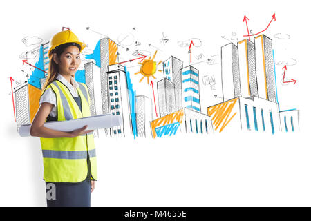 Zusammengesetztes Bild des Architekten Frau mit gelben Helm und Pläne Stockfoto