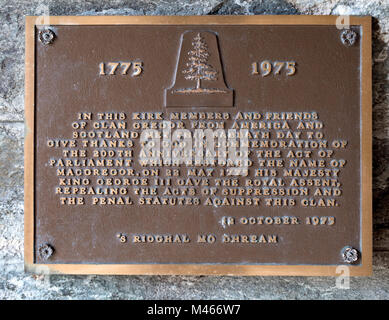 Plakette in Balquhidder Pfarrkirche in memoriam der MacGregor Clan, Balquhidder, Perthshire, Schottland, Großbritannien Stockfoto