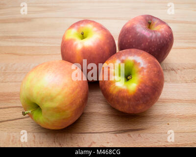 Vier bunte Pink Lady Äpfel Sorte Cripps Pink auf einem Holzbrett Stockfoto