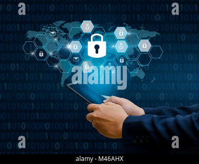 Entsperrtes Smartphone sperren Internet Phone hand Geschäftsleute drücken Sie das Telefon im Internet zu kommunizieren. Cyber Security Konzept Handschutz net Stockfoto