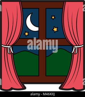 Fenster mit Vorhängen nächtliche icon image Stock Vektor