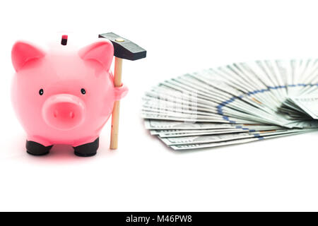 Piggy Bank/Sparen/Amerikanische Dollar auf dem weißen Hintergrund Stockfoto