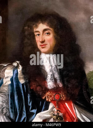 Charles II. Porträt von König Charles II. in die Gewänder der Reihenfolge der Strumpfband, von Simon Verelst, Öl auf Leinwand, 1677-85. Von einer größeren Malerei Detail, M46 PWF. Stockfoto