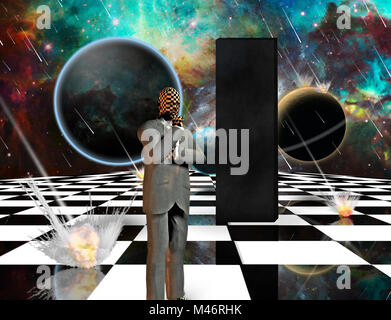 Planetengetriebe Armageddon. Massive Meteorit - Asteroid dusche Planeten zerstören. Schwarz mystic Monolith und kalkulierender Geschäftsmann am Schachbrett. 3D-Rendering Stockfoto