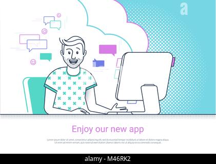 Man ist froh, dass die Arbeit mit Computer. Flache fun Line vector Abbildung: Glücklich lächelnde Schüler studieren oder arbeiten zu Hause. Junger Mann mit Web Stock Vektor