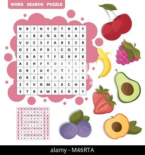 Vector Farbe Kreuzworträtsel, Bildung Spiel für Kinder über tropische Früchte. Word Search puzzle Stock Vektor