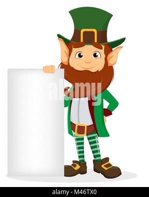 Happy St. Patrick's Day. Lächelnd Zeichentrickfigur Kobold mit grünen Hut Holding leeres Plakat. Vector Illustration Stock Vektor