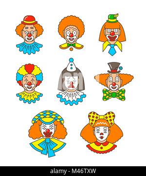 Clown Gesichter verschiedene dünne Linie Avatare. Bunte vektor Flachbild lineare Symbole. Cartoon Illustration. Zirkus Männer und Mädchen lächelnd Umrisse Porträts mit d Stock Vektor