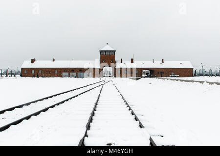 Auschwitz, weniger Polen/Polen - 04.Februar 2018: Auschwitz Birkenau, Nazi Konzentrations- und Vernichtungslager. Stockfoto