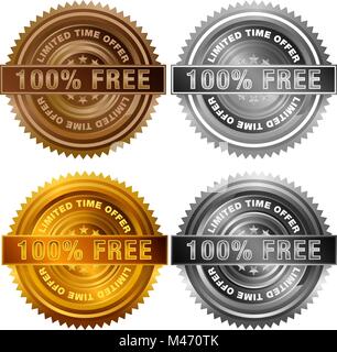 Ein Bild von einem Hundert Prozent Kostenloses, zeitlich begrenztes Angebot, Bronze Silber Gold Platin Stempel Set isoliert auf Weiss. Stock Vektor
