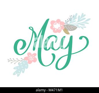 Hand skizziert Hallo kann Text als Schriftzug und skandinavischen Blumen. Frühling Postkarte Karte Einladung banner Vorlage. Warme Jahreszeit Schrift und Typografie. Seasons Greetings Stock Vektor