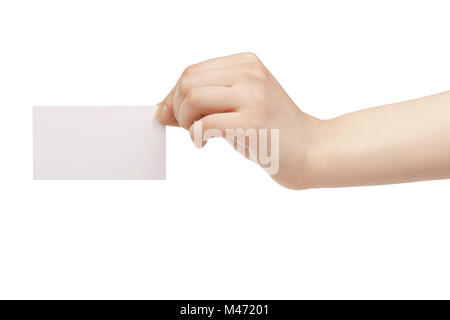 junge weibliche Hand halten leere weiße Papier-Karte Stockfoto