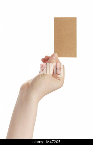 junge weibliche Rechte Hand halten leere braune Papier-Karte Stockfoto