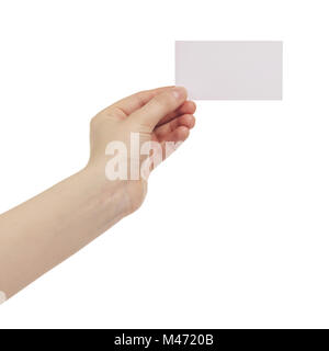 junge weibliche Rechte Hand halten leere weiße Papier-Karte Stockfoto