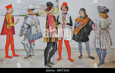 Bekleidung, Mode in Italien, der frühen Renaissance, 1425-1480 Distinguished mens Kostüme, von links, Markgrafen von Mantua, ein italienischer Ritter, zwei mens Kostüme aus Viterbo und zwei mens Kostüme aus edlen Stoffen, digital verbesserte Reproduktion aus einem Original aus dem Jahr 1900 Stockfoto