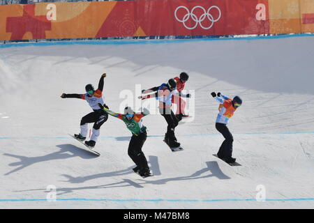 Pyeongchang, Südkorea. 15 Feb, 2018. Atheletes konkurrieren während Snowboard Cross Finale bei den 2018 PyeongChang Winter-olympischen Spiele der Männer, bei Phoenix Snow Park, South Korea, Jan. 15, 2018. Credit: Lui Siu Wai/Xinhua/Alamy leben Nachrichten Stockfoto
