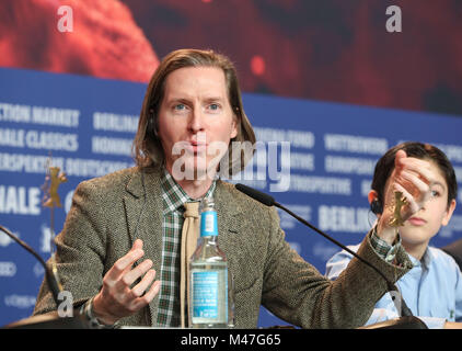 (180215) - Berlin, Februar 15, 2018 (Xinhua) - Direktor der Animationsfilm "Isle of Dogs" Wes Anderson eine Pressekonferenz im Rahmen der 68. Internationalen Filmfestspiele Berlin in Berlin, Hauptstadt der Bundesrepublik Deutschland, Jan. 15, 2018 besucht. (Xinhua / Shan Yuqi) (ZF) Stockfoto