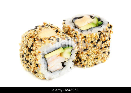 Uramaki Maki Sushi-Rollen zwei isoliert auf weiss Stockfoto