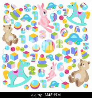 Bunte Cartoon Stil Teddybär, Schaukelpferd, rosa Kaninchen Spielzeug Vektor einrichten Stock Vektor