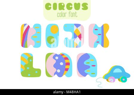 Lustige Cartoon Stil bunte Vektor Alphabet in Großbuchstaben. Font Set mit Buchstaben H, I, J, K, L, M, N und Spielzeugauto Stock Vektor