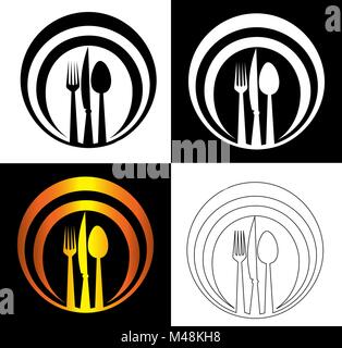 Löffel, Messer und Gabel auf einer abstrakten Gericht Hintergrund catering Logo Stock Vektor