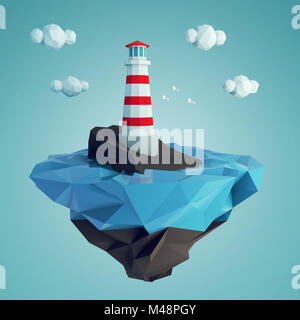 Low Poly Leuchtturm auf einer felsigen Insel im Meer. 3D-Rendering Stockfoto