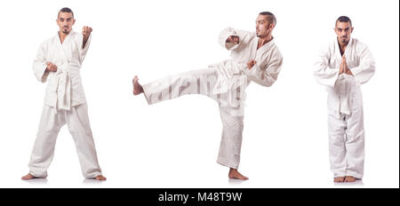 Collage von Karate Spieler im Kimono isoliert auf weiss Stockfoto