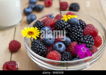 Glas Schale mit frischen Brombeeren, Himbeeren, Blaubeeren Stockfoto