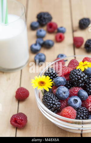 Glas Schale mit frischen Brombeeren, Himbeeren, Blaubeeren Stockfoto