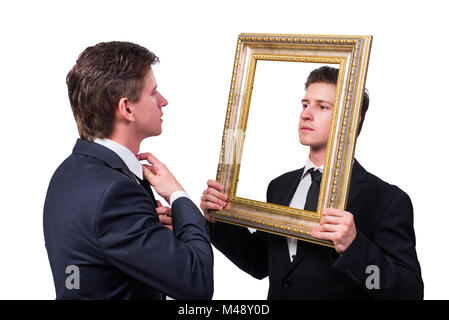Zwei Zwillinge Geschäftsleute argumentierend mit einander isoliert auf weiss Stockfoto