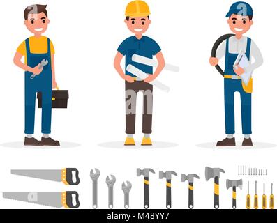 Handwerker, Klempner, Meister, Ingenieur und Erbauer Elemente Sammlung mit verschiedenen Menschen handeln. Einstellen der Arbeitnehmer und Handwerkzeuge im flachen Stil Stock Vektor
