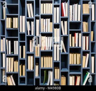 Bücher auf Blau Holz- Bücherregal. Buchen Sie vorwärts Kanten mit Blick auf die Vorderseite. Stockfoto