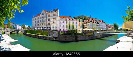 Ljubljana am grünen Fluss Ljubljanica panorama Stockfoto