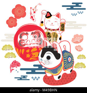Glücksbringer Symbol in der Japanischen Hintergrund. Character Design wie Katze, Hund und Puppe mit Dekoration Elemente wie Baum, Fisch, Cloud, rote Blume. Stockfoto