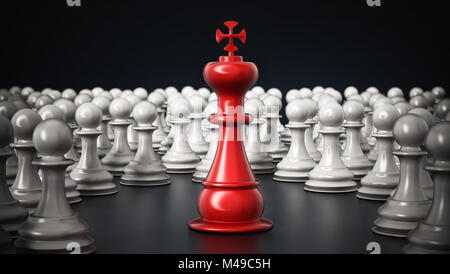 Rot chess König Stehend unter weißen Bauern. 3D-Darstellung. Stockfoto