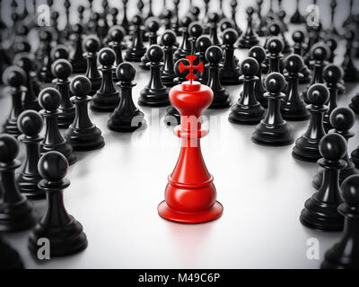 Rot chess König Stehend unter weißen Bauern. 3D-Darstellung. Stockfoto