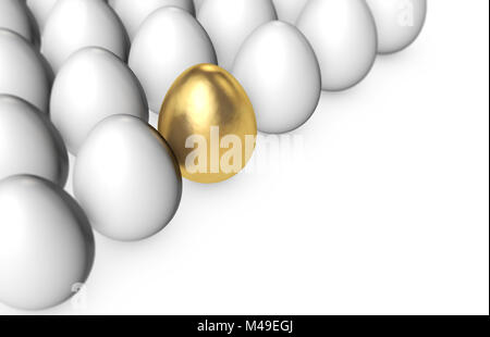 Goldene Ei heraus stehen unter weißen Eiern. 3D-Rendering Stockfoto