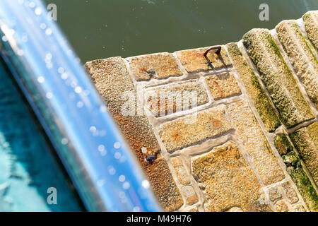 Mayflower Schritte in der Barbican, Plymouth auf einem sonnigen Februartag, mit Wassertropfen auf dem Metall Skulptur Stockfoto