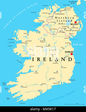 Irland und Nordirland politische Karte mit Hauptstädten Dublin und Belfast, Grenzen, wichtige Städte, Flüsse und Seen. Insel im Nordatlantik Stockfoto