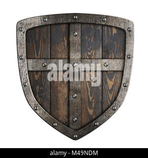 Holz- mittelalterliche Wikinger Schild mit Metallrahmen und Kreuz 3D-Darstellung Stockfoto