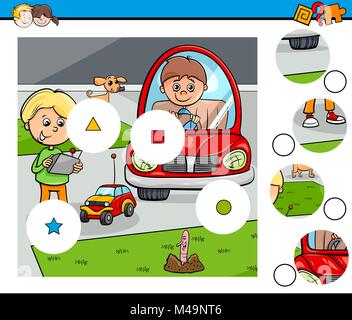 Cartoon Illustration der Pädagogischen passen die Teile Puzzle Spiel für Kinder mit Kid Boys und Spielzeug Stock Vektor