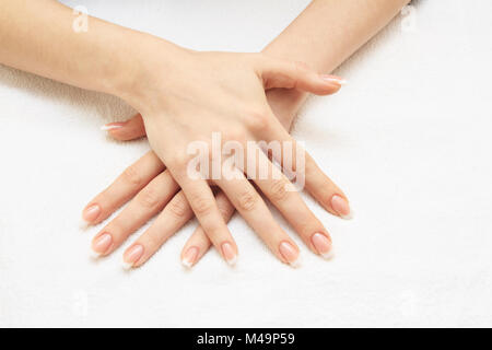 Schöne weibliche Hände mit french Maniküre Stockfoto