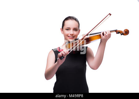 Elegante junge Geigerspieler isoliert auf weiss Stockfoto