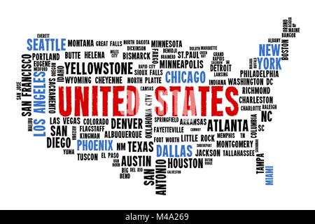 USA Wort Karte - Stadt Namen text Vektor. Stock Vektor