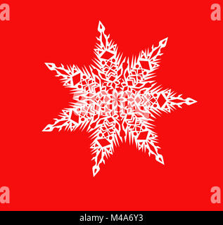 Weiß glänzend Schneeflocke close-up auf rotem Hintergrund Stockfoto