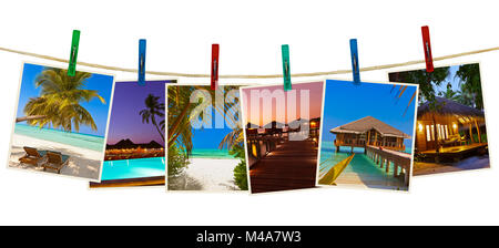 Malediven Strand Bilder (meine Fotos) auf Wäscheklammern Stockfoto
