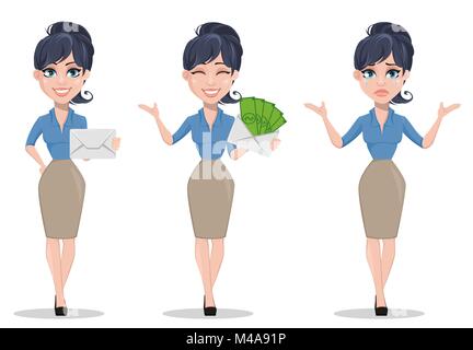 Geschäftsfrau, der drei Posen, mit Umschlag, Umschlag mit Geld und Weinen. Schöne Geschäftsfrau in formelle Kleidung ständigen Softkeys Stock Vektor
