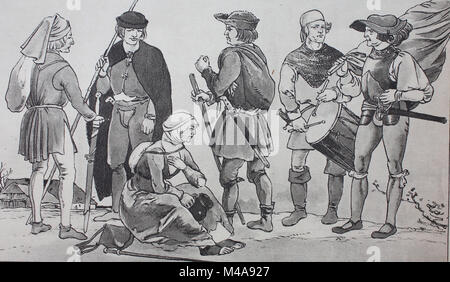 Mode, Kleidung in Deutschland, um 1500, Bauern aus der Zeit des großen bauernkrieges von 1524 - 1525, digital verbesserte Reproduktion aus einem Original aus dem Jahr 1900 Stockfoto