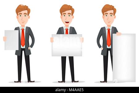 Business Mann mit blonden Haaren, cartoon Charakter. Set mit stattlichen Geschäftsmann in Anzug mit unterschiedlichen Plakate. Vector Illustration isoliert auf whi Stock Vektor
